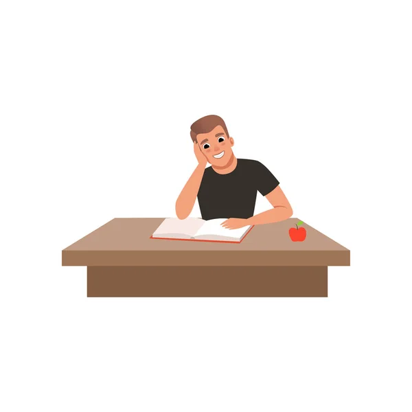 Jonge man vergadering op het Bureau- en leesboek, student in het leren van proces vector illustratie op een witte achtergrond — Stockvector