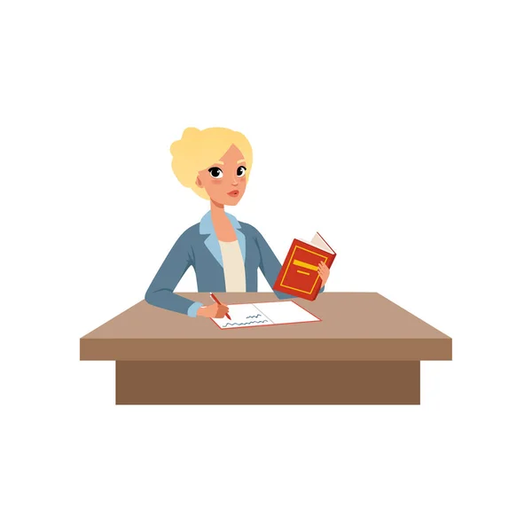 Dívka sedí u stolu, čtení knih a psaní, student v procesu učení vektorové ilustrace na bílé poza — Stockový vektor