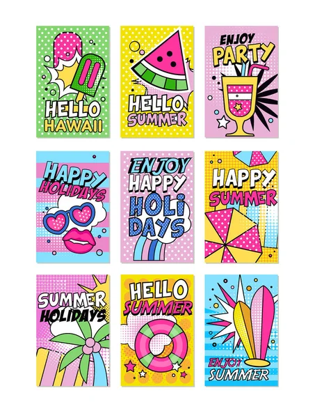 Zomer poster set, Hello zomer, Hawaii, Enjoy partij, gelukkige vakantie kunnen worden gebruikt voor de uitnodiging, kaart, banner, brochure, flyer vector illustratie in popart retro komische stijl — Stockvector