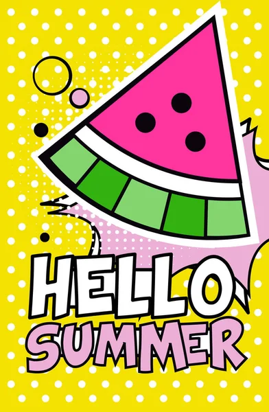 Olá Banner de verão, cartaz de estilo pop retro brilhante com vetor de melancia Ilustração — Vetor de Stock