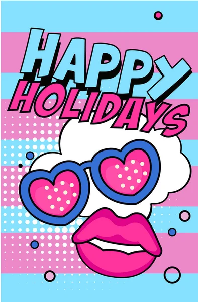 Feliz feriados banner, brilhante retro pop arte estilo poster vetor Ilustração —  Vetores de Stock
