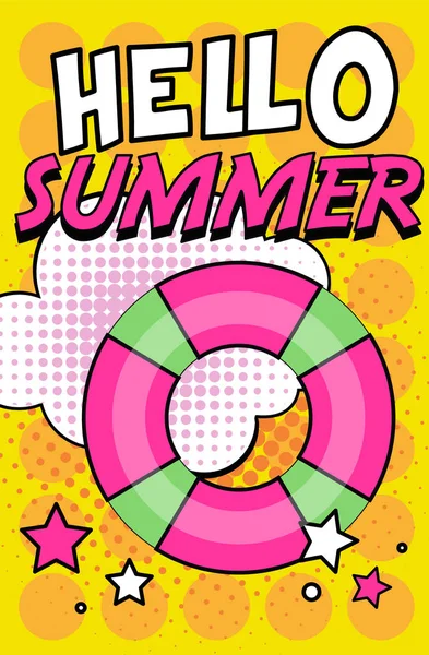 Hola bandera de verano, póster de estilo de arte pop retro brillante con vector de boya de vida Ilustración — Vector de stock