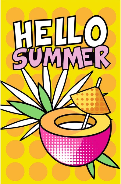 Olá Banner de verão, cartaz de estilo pop retro brilhante com vetor de coquetel tropical Ilustração — Vetor de Stock