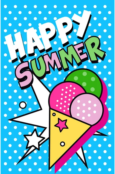 Olá Banner de verão, cartaz de estilo pop retro brilhante com vetor de sorvete Ilustração — Vetor de Stock