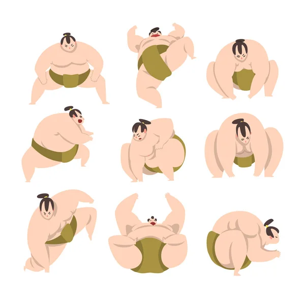 Conjunto de personajes de luchador de sumo, atleta suhumista en acción, vector de combate de arte marcial japonés Ilustraciones sobre fondo blanco — Archivo Imágenes Vectoriales