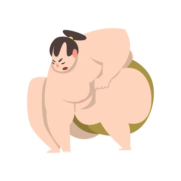 Personnage lutteur sumo en position de combat, athlète suave, vecteur combattant d'art martial japonais Illustration sur fond blanc — Image vectorielle