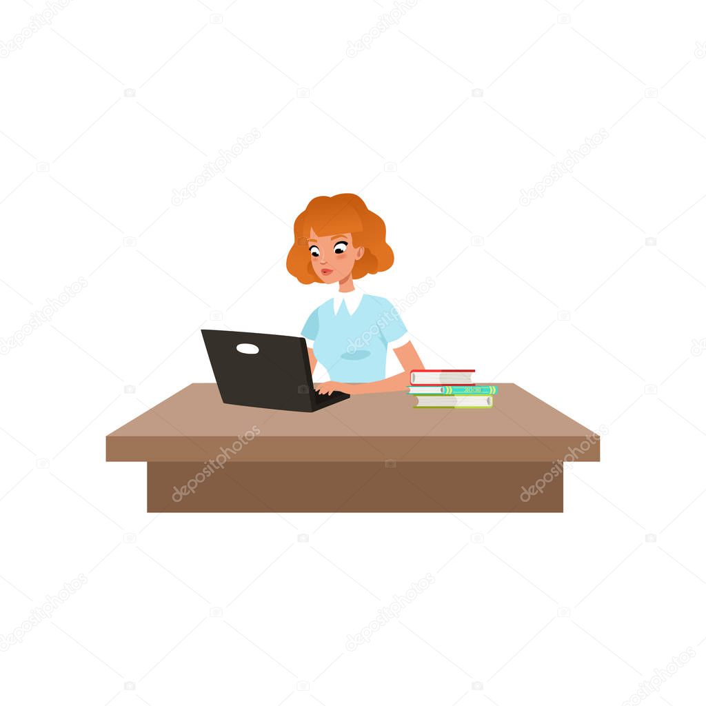 Girl sitting at the desk and studying using her computer, student in learning process vector Illustration on a white background