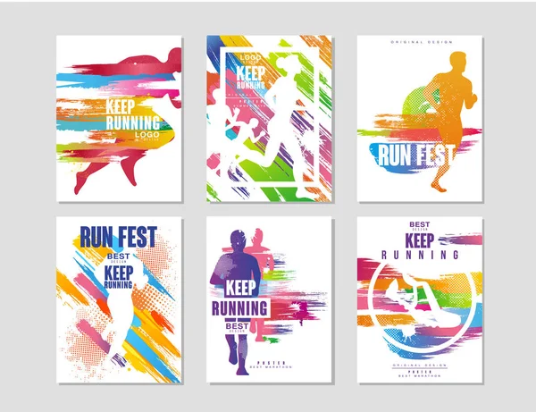 Lauffest-Plakat-Set, Sport- und Wettkampfkonzept, Laufmarathon, buntes Gestaltungselement für Karte, Banner, Druck, Abzeichenvektorillustrationen — Stockvektor