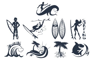 İnsanlar dalgalar sürme surfboard ile sörf, tatil retro tek renkli vektör çizimler beyaz zemin üzerine yaz