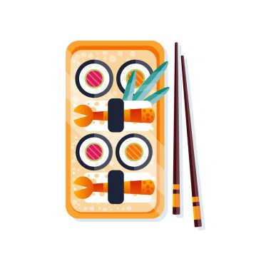 Suşi rulo bir tabak ve yemek çubukları, geleneksel Japon deniz ürünleri mutfağı vektör çizim beyaz bir arka plan