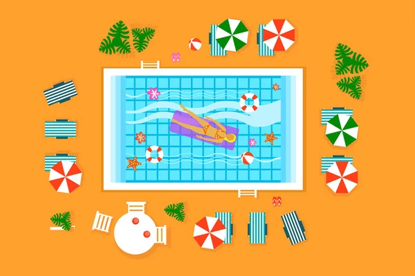 Donna che nuota, galleggiante sulla piscina materasso gonfiabile, vista dall'alto, spiaggia estate colorata vettoriale Illustrazione — Vettoriale Stock