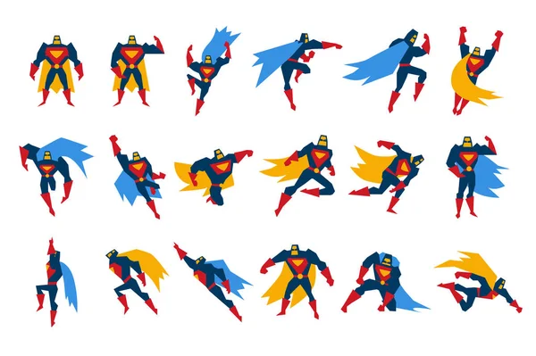 Superhelden-Figuren, Mann in bunten Kostümen auf Action-Vektor-Illustrationen auf weißem Hintergrund — Stockvektor