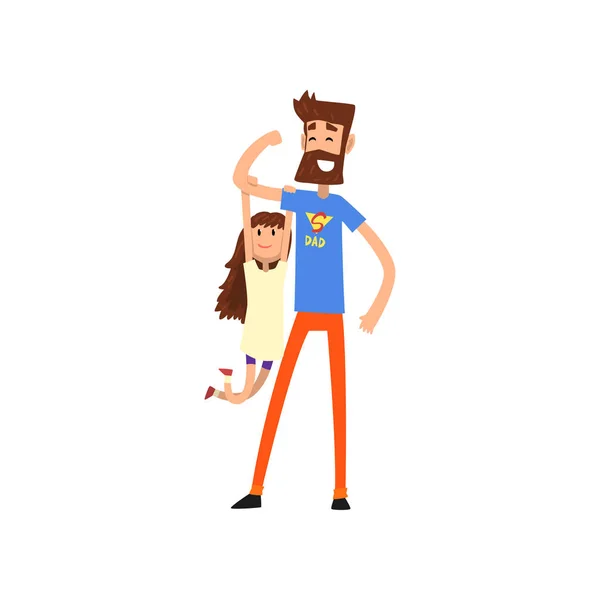 Otec silný super hrdina s dcerou visí na jeho ruku vektorové ilustrace na bílém pozadí — Stockový vektor