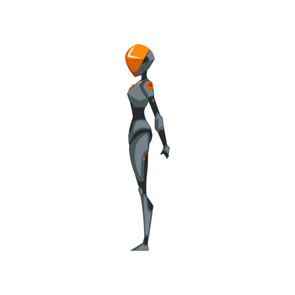 Traje espacial robot femenino gris, superhéroe, disfraz de cyborg, vector de vista lateral Ilustración aislada sobre un fondo blanco — Vector de stock