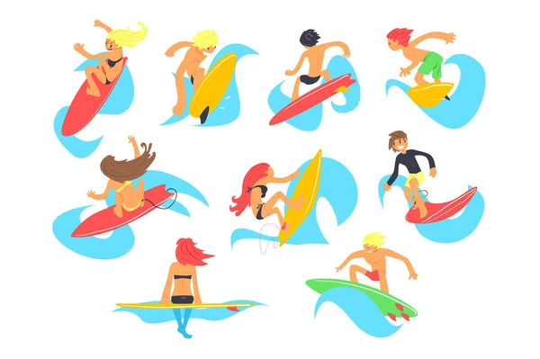 Sörf tahtası Binicilik dalgalar sörf insanlar karakterlerle ayarla, vektör çizimler beyaz bir arka plan üzerinde çizgi film — Stok Vektör