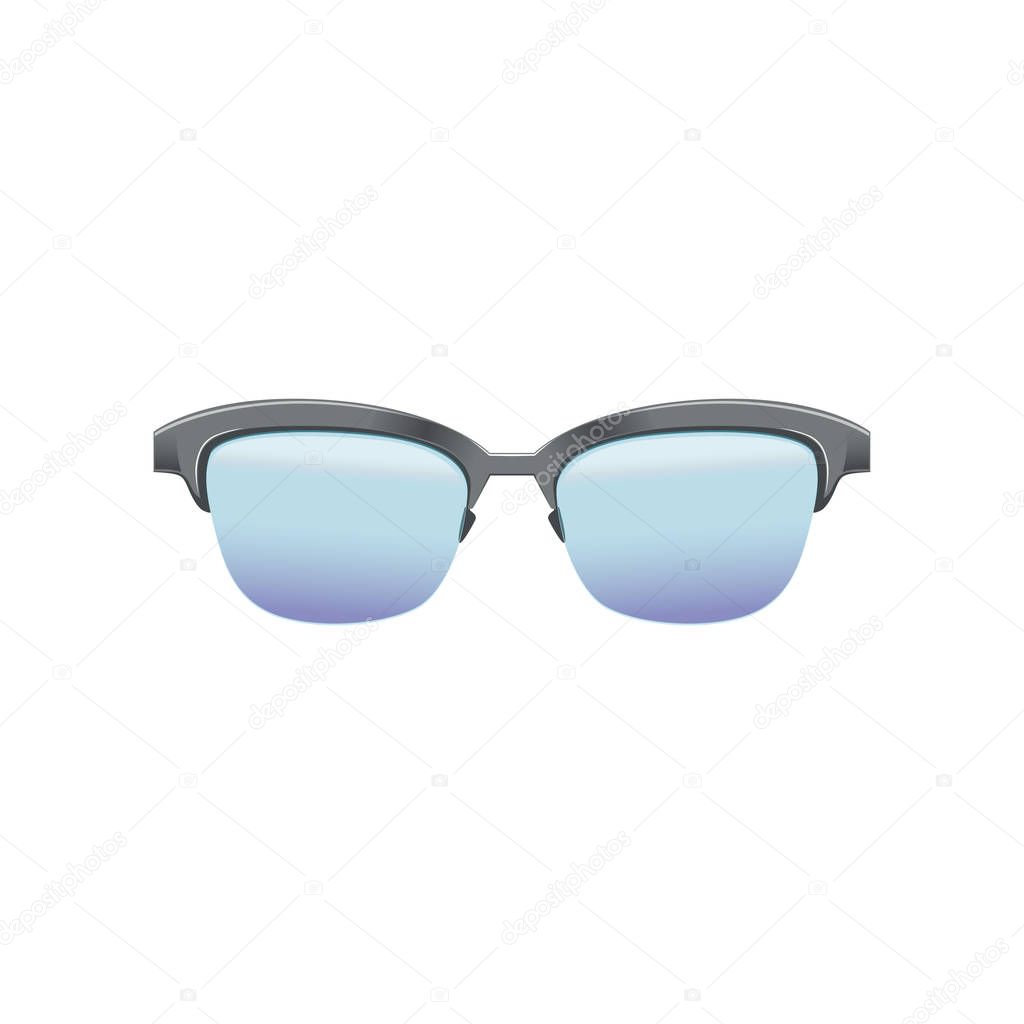 Classic clubmaster glasses with blue lenses and metallic half frame. Fashion spectacles for mens. Flat vector design for mobile app