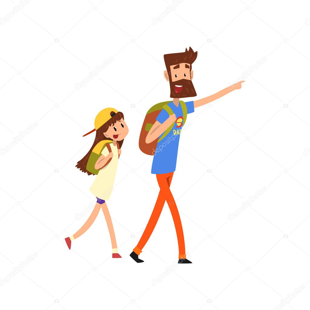 Super hero dad and his daughter with backpacks vector Illustration on a white background