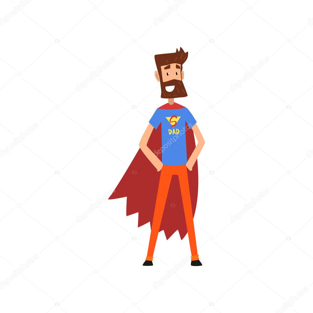 Super hero dad character in superhero costume and red cape vector Illustration on a white background