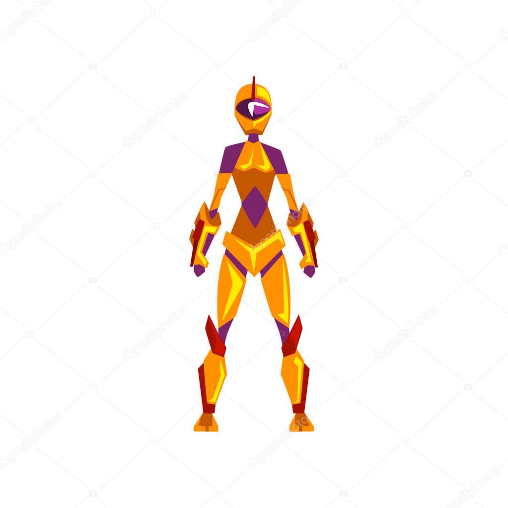 Female robot space suit, superhero, cyborg costume, front view vector Illustration on a white background