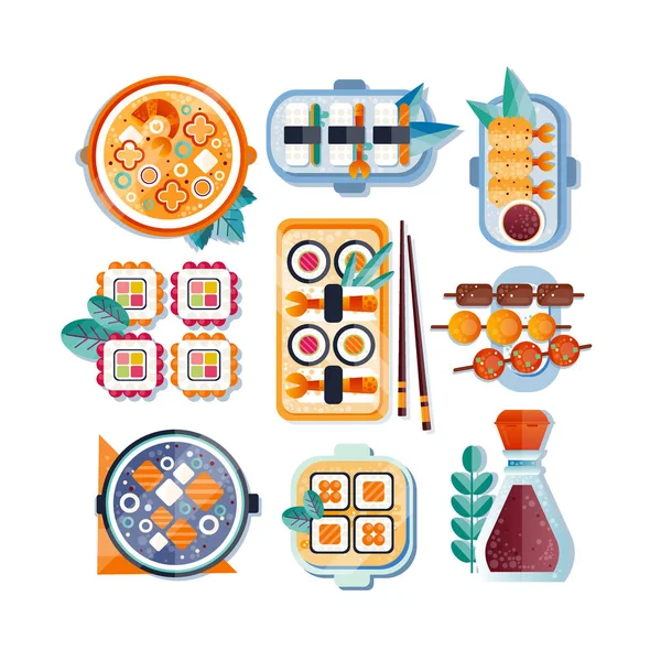 Ristorante giapponese cibo con piatto, bacchette e spezie set, cucina asiatica vettore Illustrazione su sfondo bianco — Vettoriale Stock