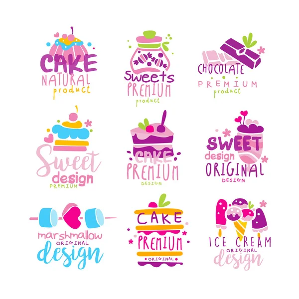 Süßigkeiten Logo Original-Design-Set, Kinder Menü Abzeichen, natürliche Bio-Lebensmittel handgezeichnete Vektorillustrationen auf weißem Hintergrund — Stockvektor