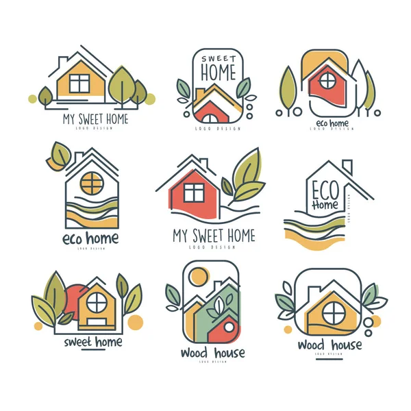 Logo manis rumah saya set, eco rumah, konsep kayu vector Illustrations pada latar belakang putih - Stok Vektor