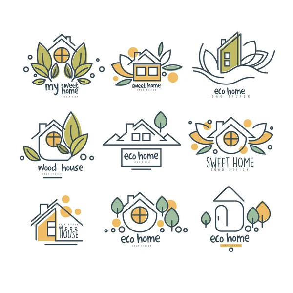 Sweet, eco home logo set, wood house badges vector Illustrations on a white background — Stock Vector