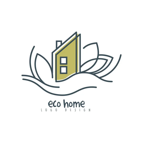 Design de logo éco-maison, panneau écologique avec feuille verte, énergie propre, matériaux de construction et vecteur de technologies Illustration sur fond blanc — Image vectorielle