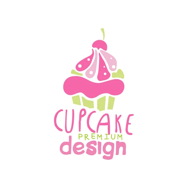 Diseño del logotipo de la magdalena, emblema en colores rosados para confitería, tienda de dulces o vector de tienda dulce Ilustración sobre un fondo blanco — Archivo Imágenes Vectoriales