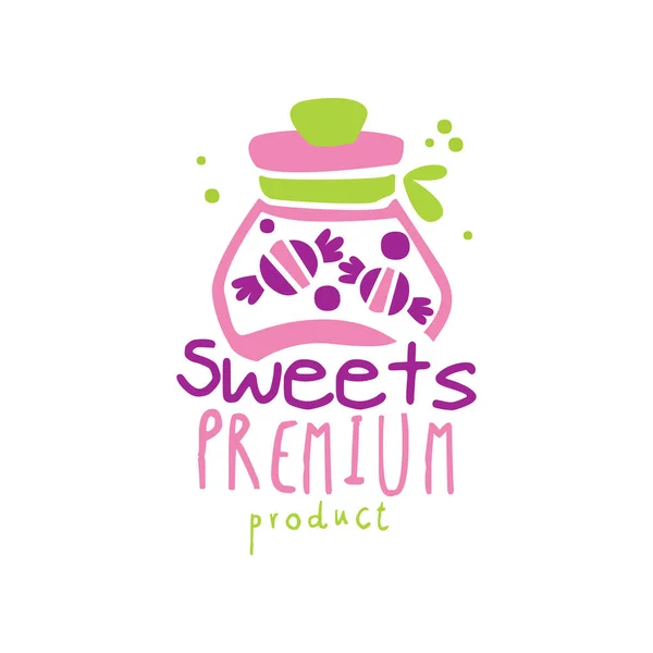 Logotyp för sötsaker premien produktdesign, emblem för konfektyr, godis shop eller söta butik vektor Illustration på vit bakgrund — Stock vektor