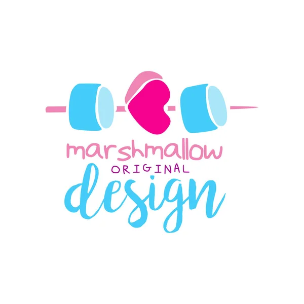Desain logo asli Marshmallow, label untuk permen, toko permen, restoran, bar, kafe, menu, vektor toko manis Illustration pada latar belakang putih - Stok Vektor
