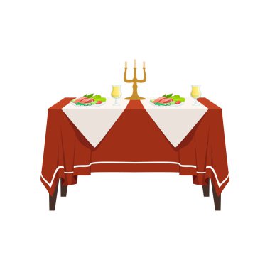 Restoran iki kişi, şenlikli tatil Romantik akşam yemeği, gıda, içki ve mumlar vektör illüstrasyon izole üzerinde beyaz bir arka plan ile ziyafet tablo için tablo.