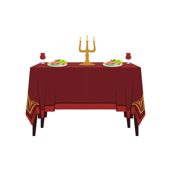 Mesa en restaurante para dos personas, mesa de banquete con comida, bebidas y velas vector Ilustración sobre fondo blanco — Vector de stock