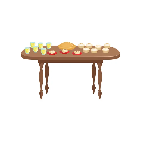 음식 및 음료, 흰색 배경에 나무 테이블 벡터 일러스트 레이 션에 맛 있는 음식을 연회 테이블 — 스톡 벡터