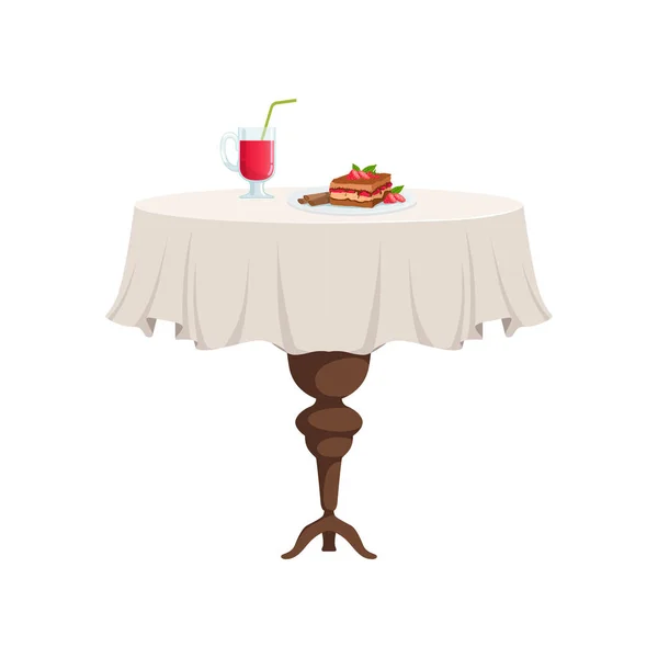 Round restaurant table with white tablecloth setting with glass of juice and piece of cake on a plate vector Illustration on a white background — Stock Vector