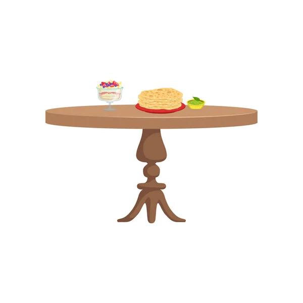 Mesa redonda de madera con comida para el desayuno vector Ilustración sobre fondo blanco — Archivo Imágenes Vectoriales