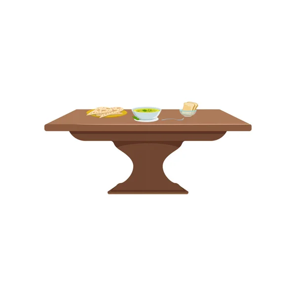 Mesa de madera marrón con sopa y pan en un plato, comida para la cena vector Ilustración sobre fondo blanco — Archivo Imágenes Vectoriales