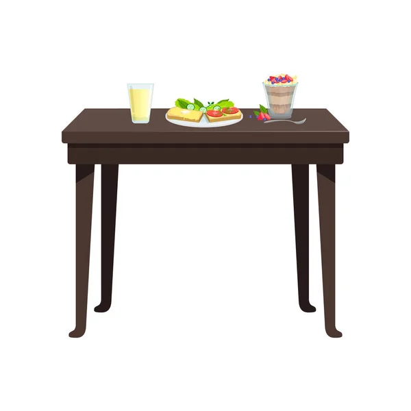Meja kayu dengan minuman dan roti lapis di atas piring, makanan untuk vektor sarapan Ilustrasi pada latar belakang putih - Stok Vektor