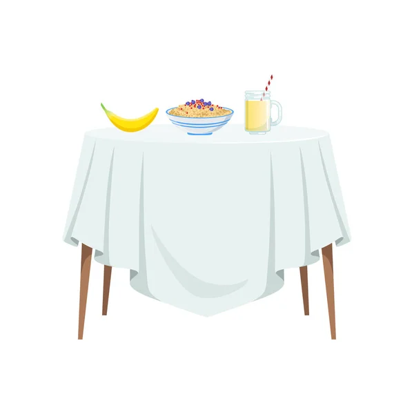 Ronde tafel met wit tafellaken en voedsel voor ontbijt vector illustratie op een witte achtergrond — Stockvector