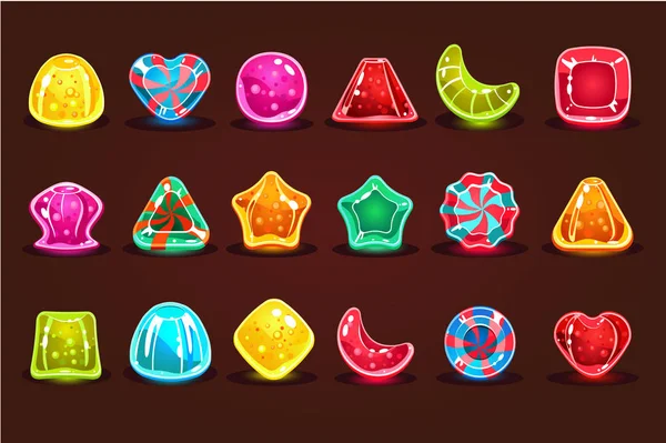 Красочные глянцевые конфеты, детали для компьютерной игры, векторные иллюстрации интерфейса приложения — стоковый вектор