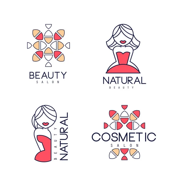 Abstracte overzicht emblemen voor beauty salon. Vector logo met originele ornamenten, zachte vrouwelijke silhouetten en tekst — Stockvector