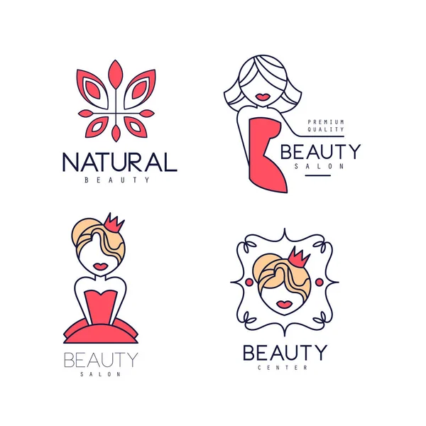 Векторный набор геометрических эмблем для женского клуба, салона красоты или магазина. Линейные логотипы с абстрактными бабочками и женскими силуэтами — стоковый вектор