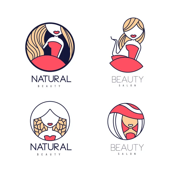 Stylische Vektor-Logos für Schönheitssalons oder Naturkosmetik. Embleme mit sanften Frauensilhouetten. lineare Etiketten mit bunter Füllung — Stockvektor