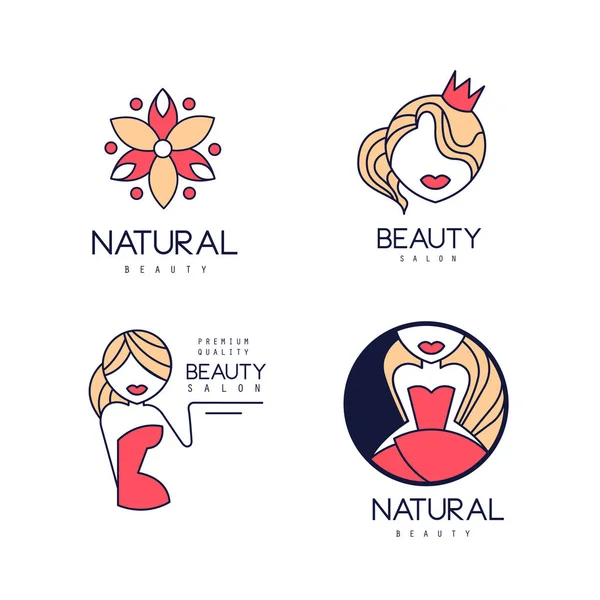 Sada 4 lineární kosmetický salon logo šablon s barevné výplně. Stylový vektor emblémy s abstraktní květiny a jemné ženy siluety — Stockový vektor