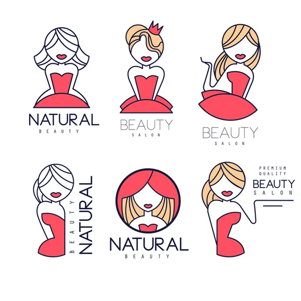 Kreativní beauty salon emblémy v lineární stylu. Geometrické loga s jemným ženám siluety a textem. Vektor štítky pro přírodní kosmetika — Stockový vektor