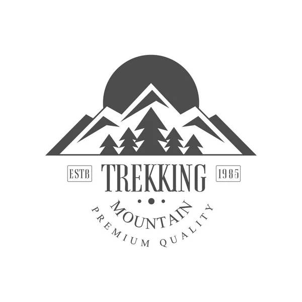 Trekking-Berg Premium-Qualität estb 1985 Logo-Design, vintage schwarz-weiß Berg-Exploration Outdoor-Abenteuer-Symbol, Vektor-Illustration auf weißem Hintergrund — Stockvektor