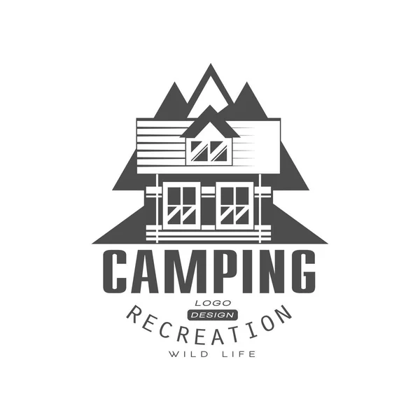 Camping recreation logo design, wild life sign, vintage black and white mountain exploration outdoor adventure symbol vector Illustration on a white background