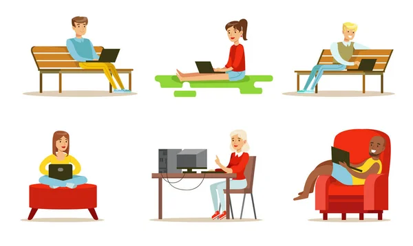 Flat vector set of people with computers. Young girls and guys using laptops. Internet users watching movie, chatting or working — Stock Vector