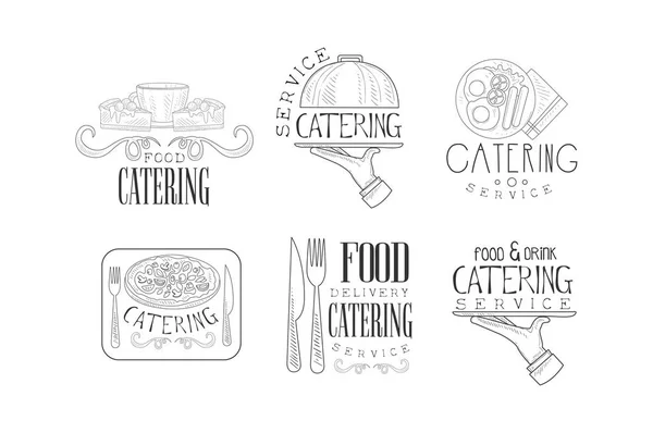 Logotipos vectoriales en blanco y negro para empresas de catering. Emblemas dibujados a mano con deliciosa comida, bebidas, cubiertos y manos con bandejas — Vector de stock