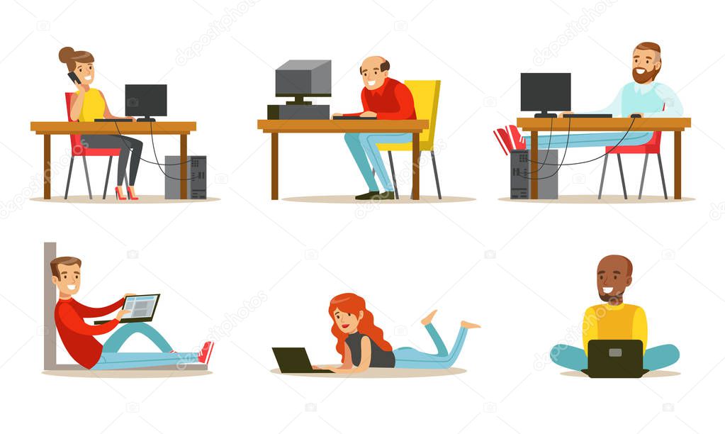 Set of cartoon peoples with laptops and computers. Young men and women working in internet, playing video games or chatting with friends. Colorful flat vector illustration isolated on white background